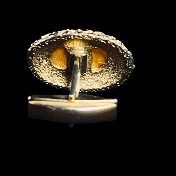 Vintage Oval Gold Tone With Orange Cabochon Cufflinks And Tie Tack Set (5337) - Picture 6 of 8